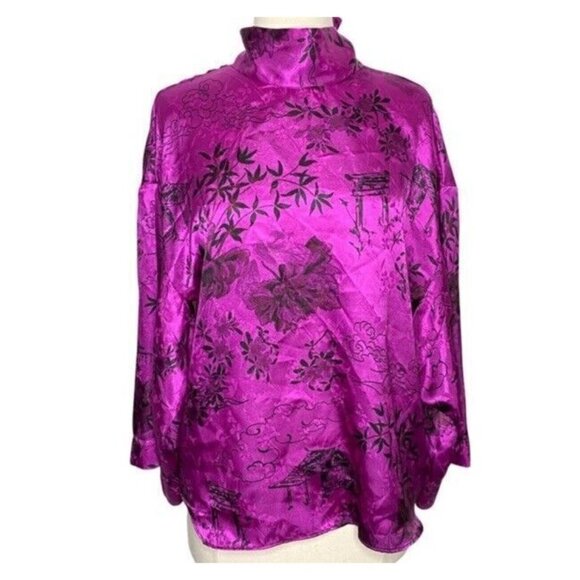 NWT ZARA FUCHSIA JACOUARD SATIN PRINTED JAPANESE BLOUSE Sz SMALL - Picture 4 of 7